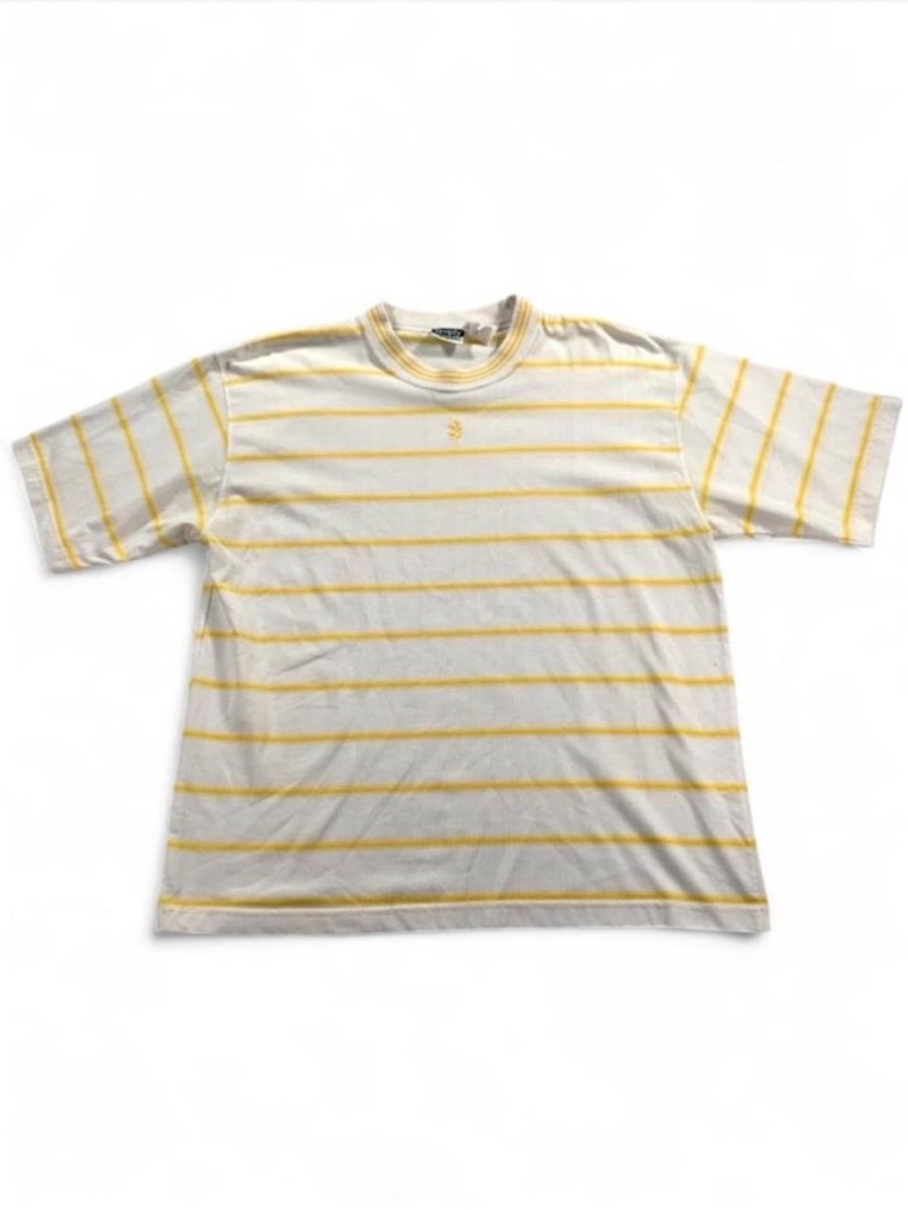 Simply Basic 90s Vintage Yellow Stripe Crewneck T-Shirt Floral Embroidery Size L